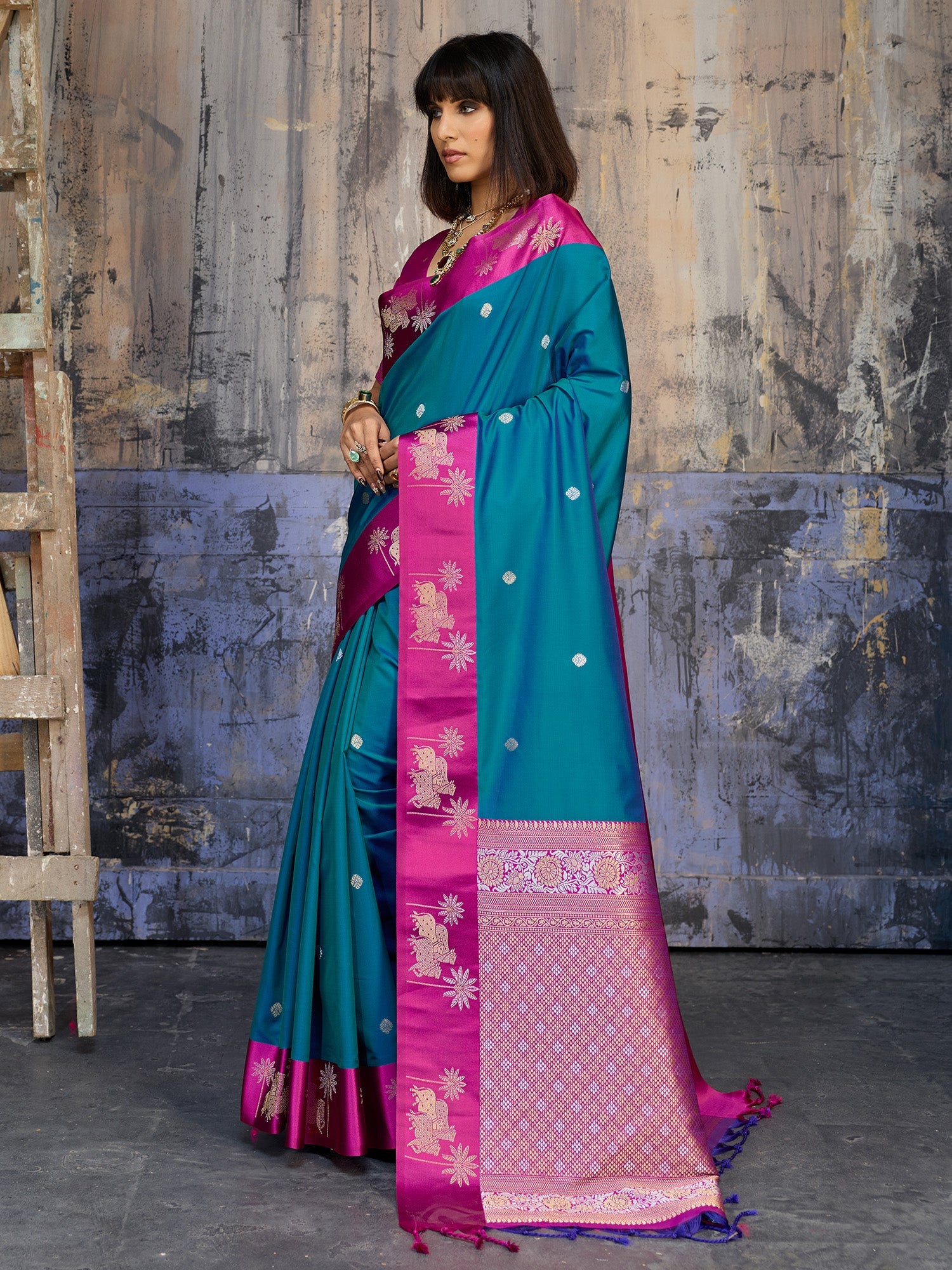 Teal Blue & Pink Banarasi Silk Blend Saree - Ressa