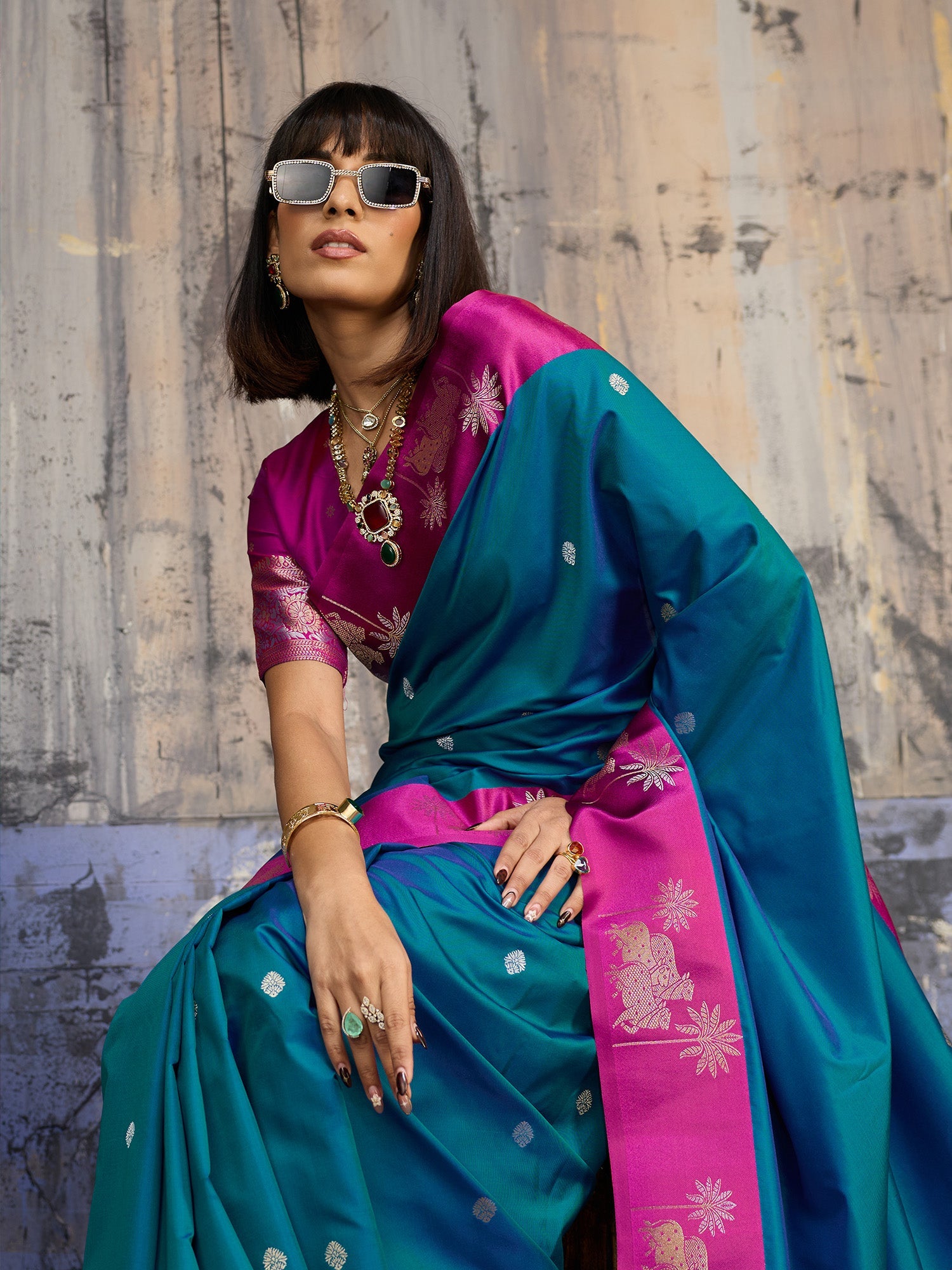 Teal Blue & Pink Banarasi Silk Blend Saree - Ressa