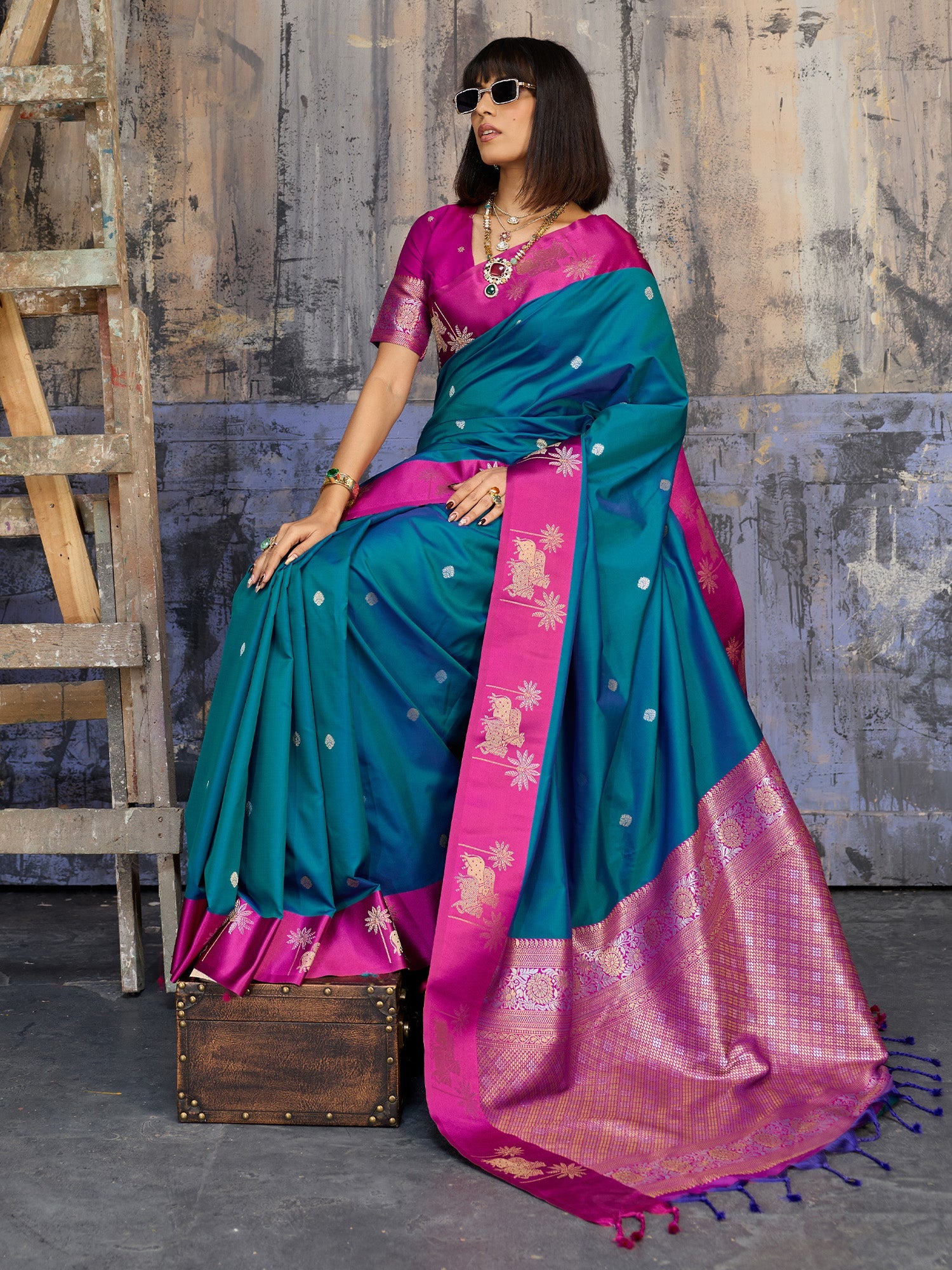 Teal Blue & Pink Banarasi Silk Blend Saree - Ressa