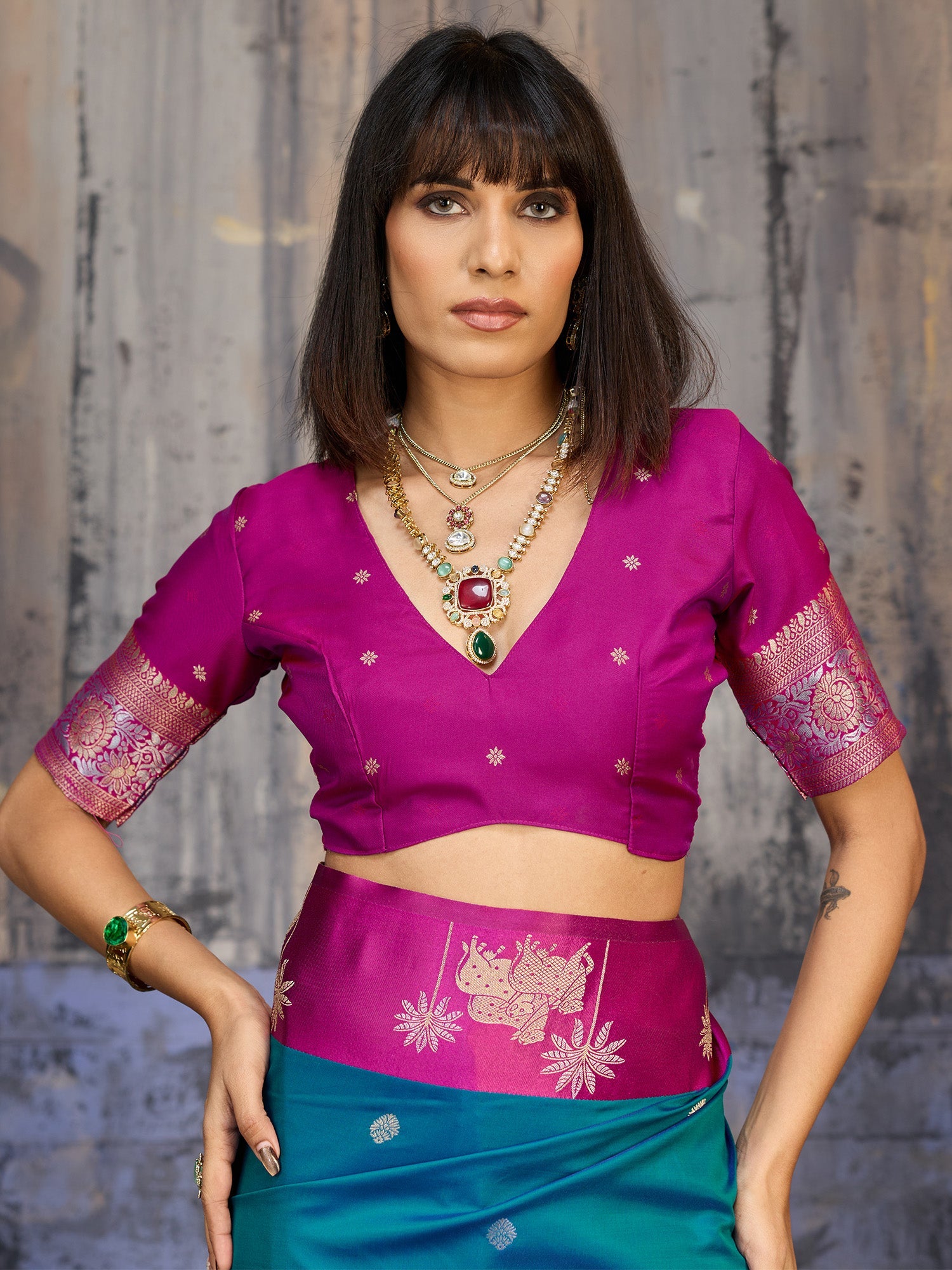 Teal Blue & Pink Banarasi Silk Blend Saree - Ressa