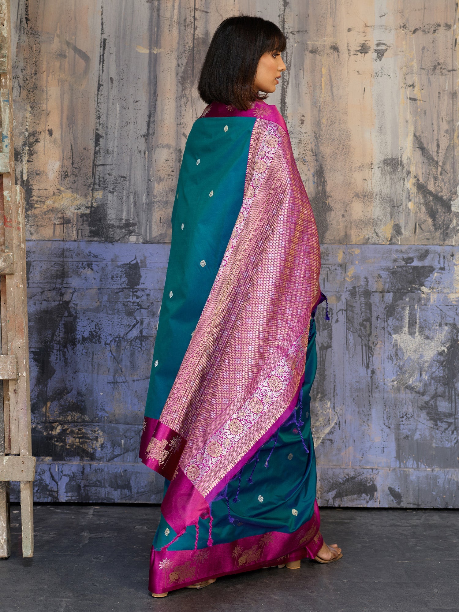 Teal Blue & Pink Banarasi Silk Blend Saree - Ressa