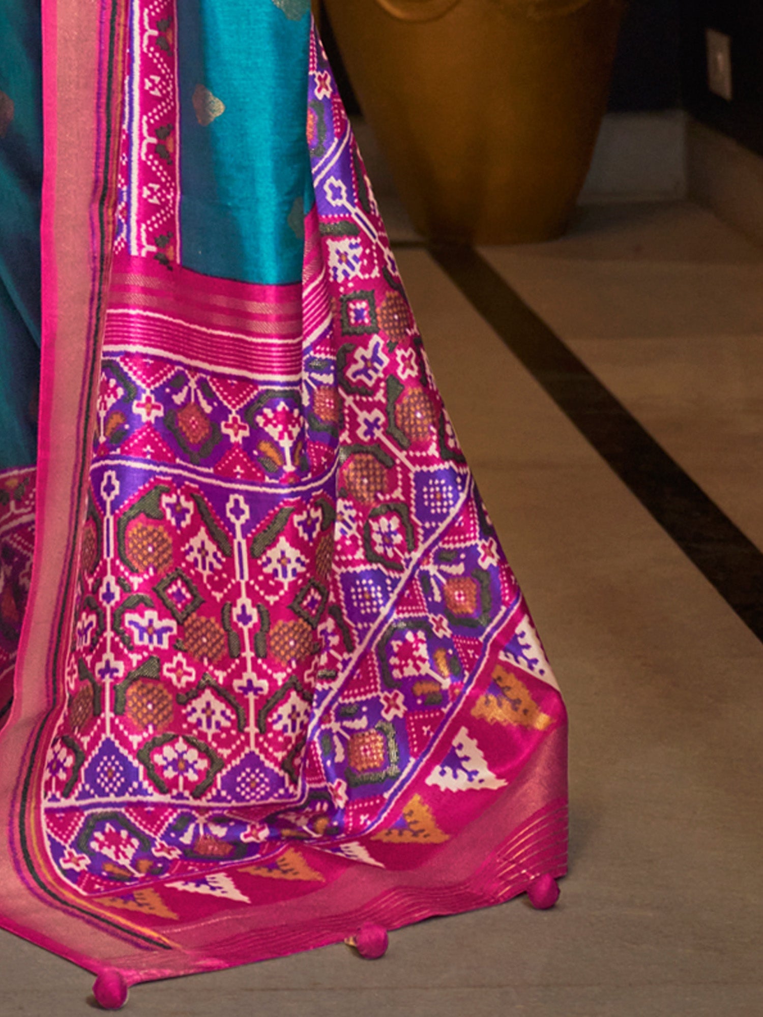 Teal Blue & Pink Patola Style Silk Blend Zari Woven saree - Ressa