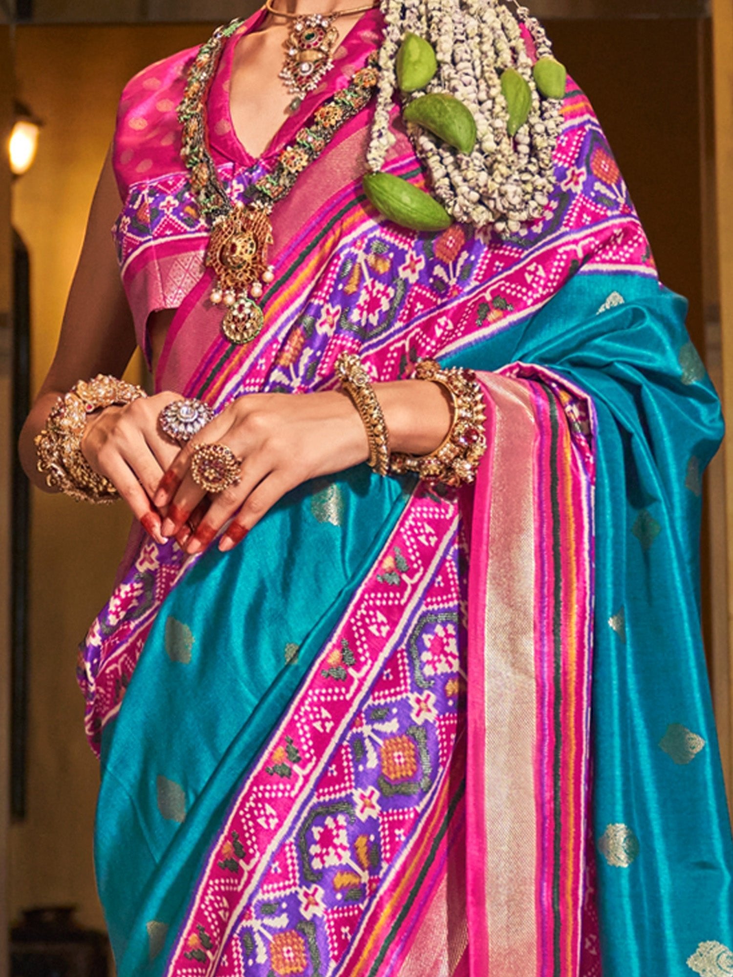 Teal Blue & Pink Patola Style Silk Blend Zari Woven saree - Ressa