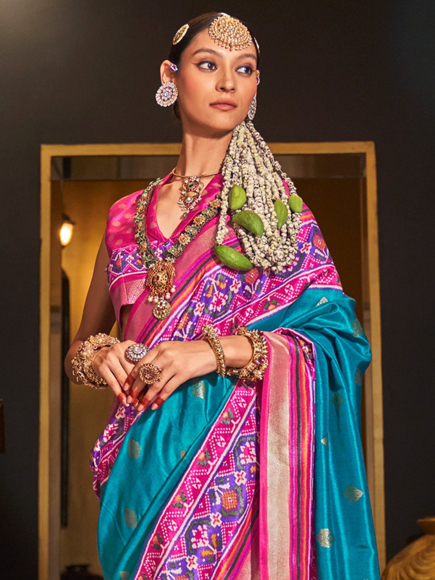 Teal Blue & Pink Patola Style Silk Blend Zari Woven saree - Ressa