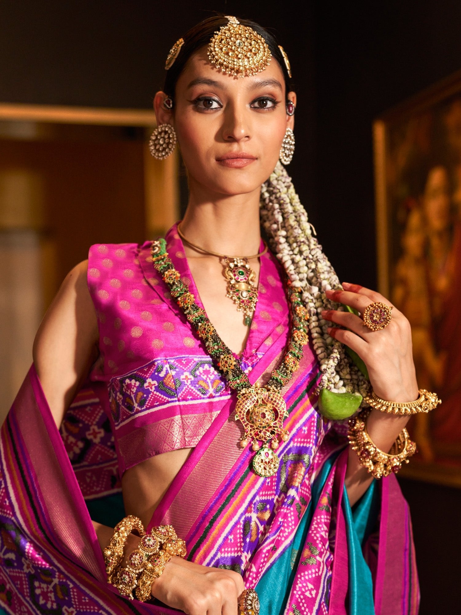 Teal Blue & Pink Patola Style Silk Blend Zari Woven saree - Ressa