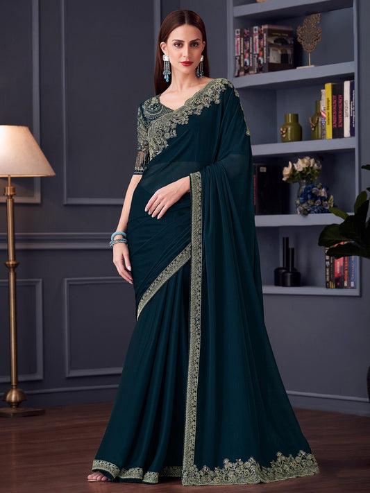 Teal Blue Polyester Embroidered Border Saree - Ressa