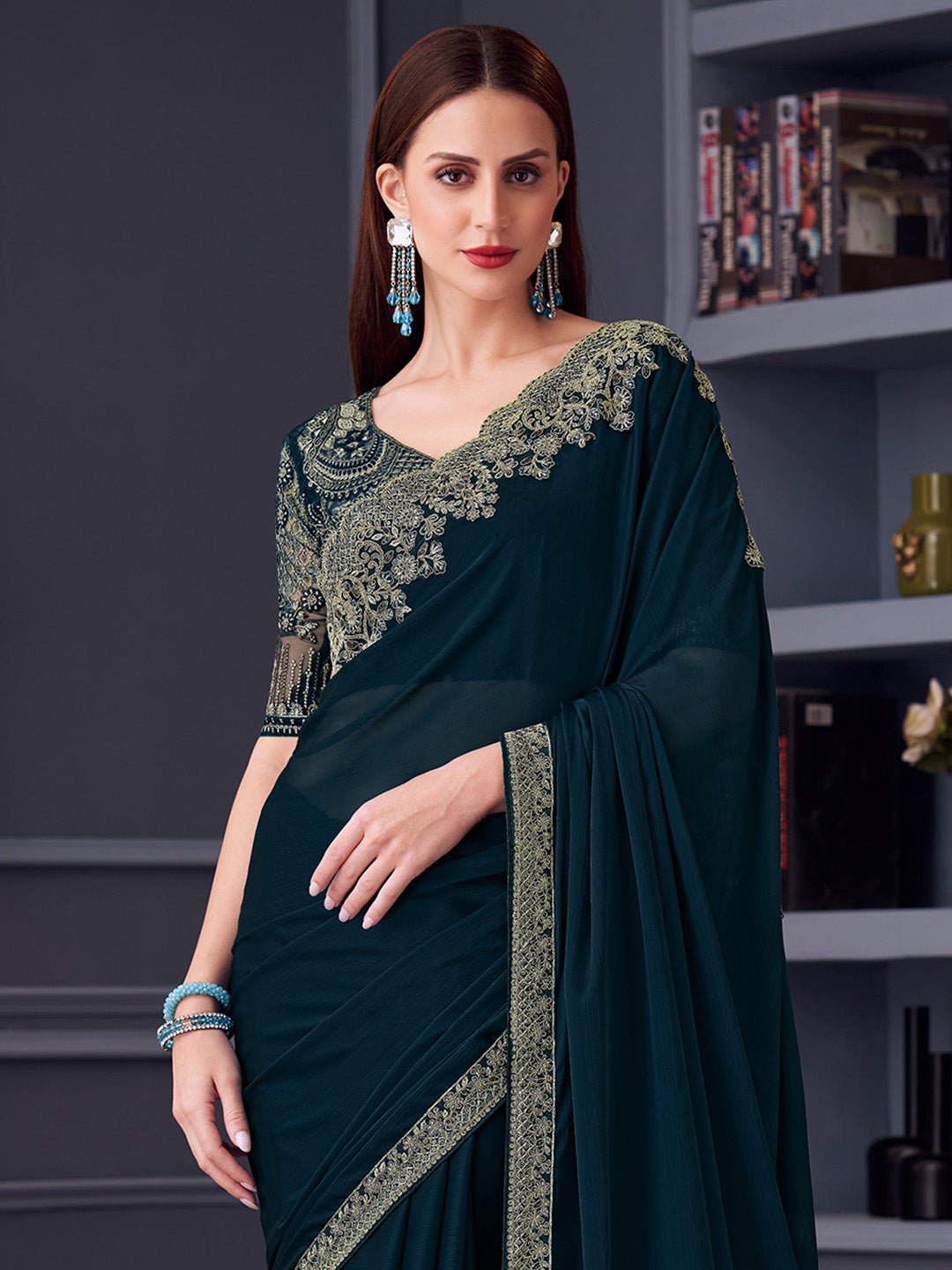 Teal Blue Polyester Embroidered Border Saree - Ressa