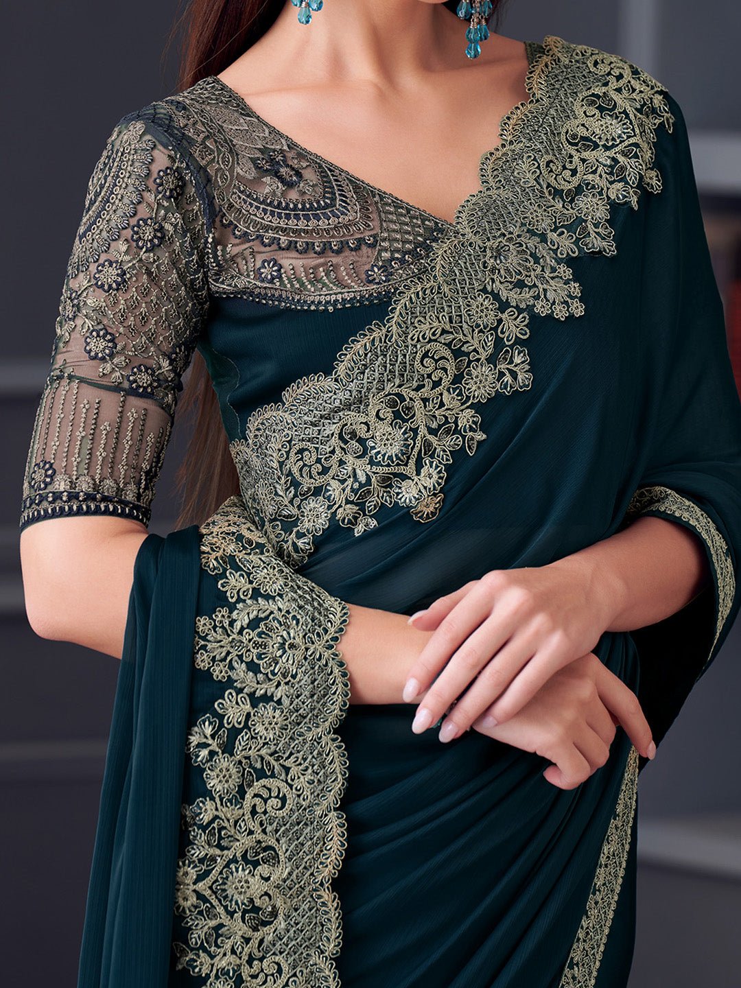 Teal Blue Polyester Embroidered Border Saree - Ressa