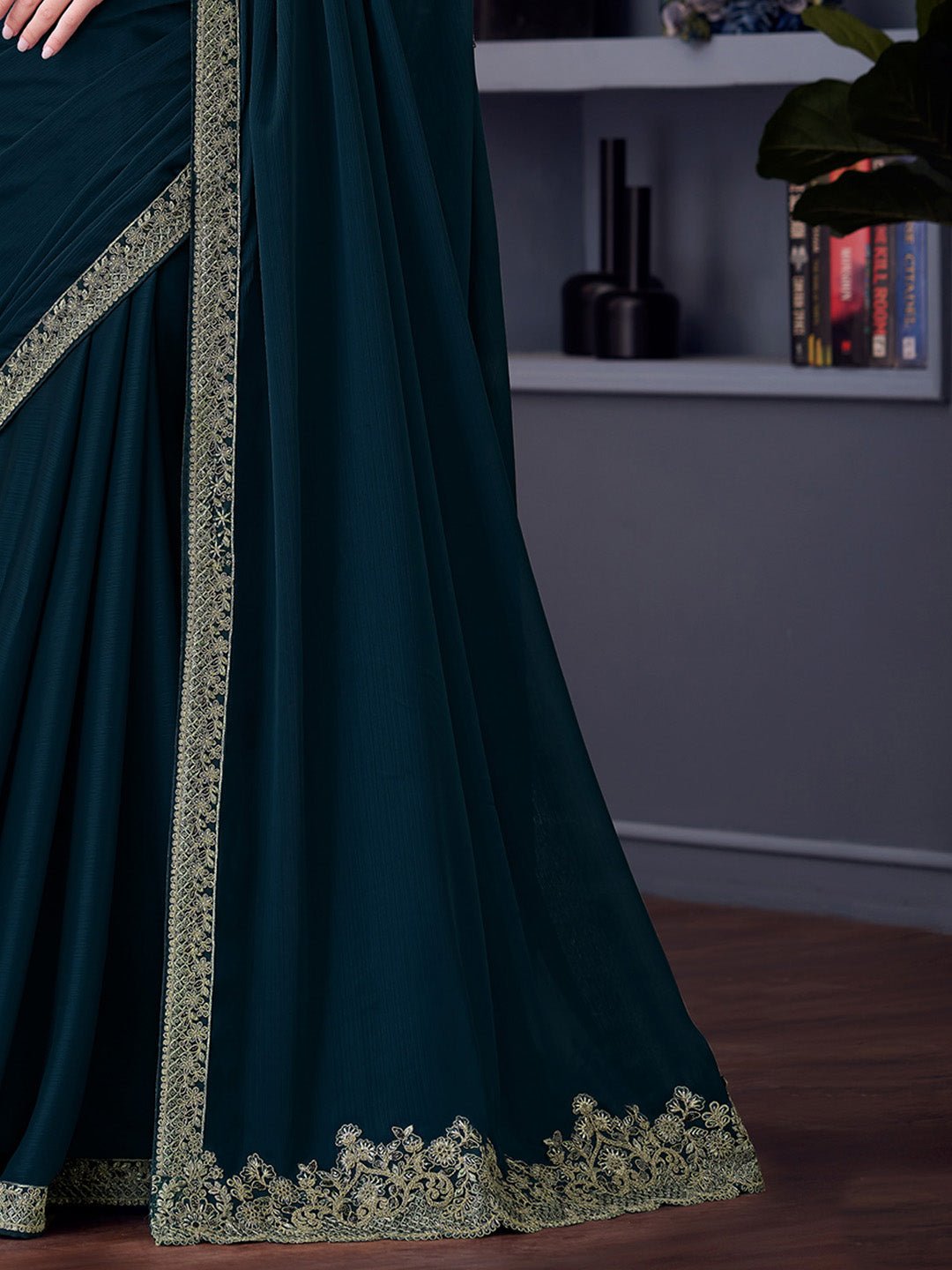Teal Blue Polyester Embroidered Border Saree - Ressa