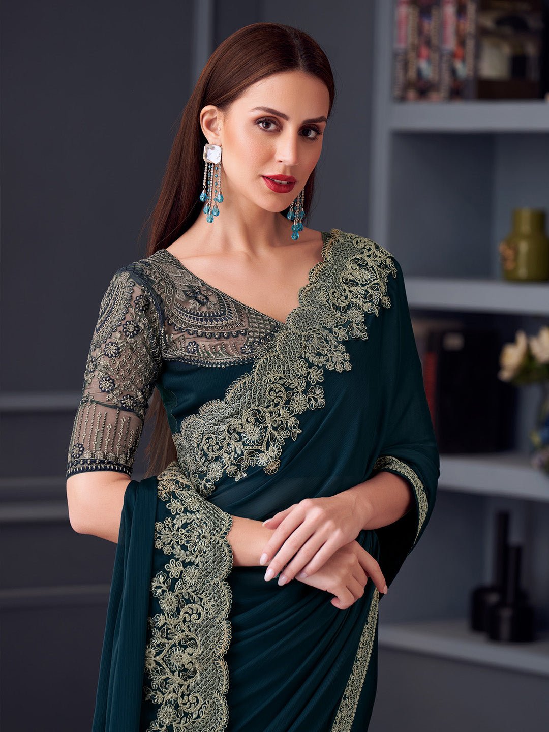 Teal Blue Polyester Embroidered Border Saree - Ressa