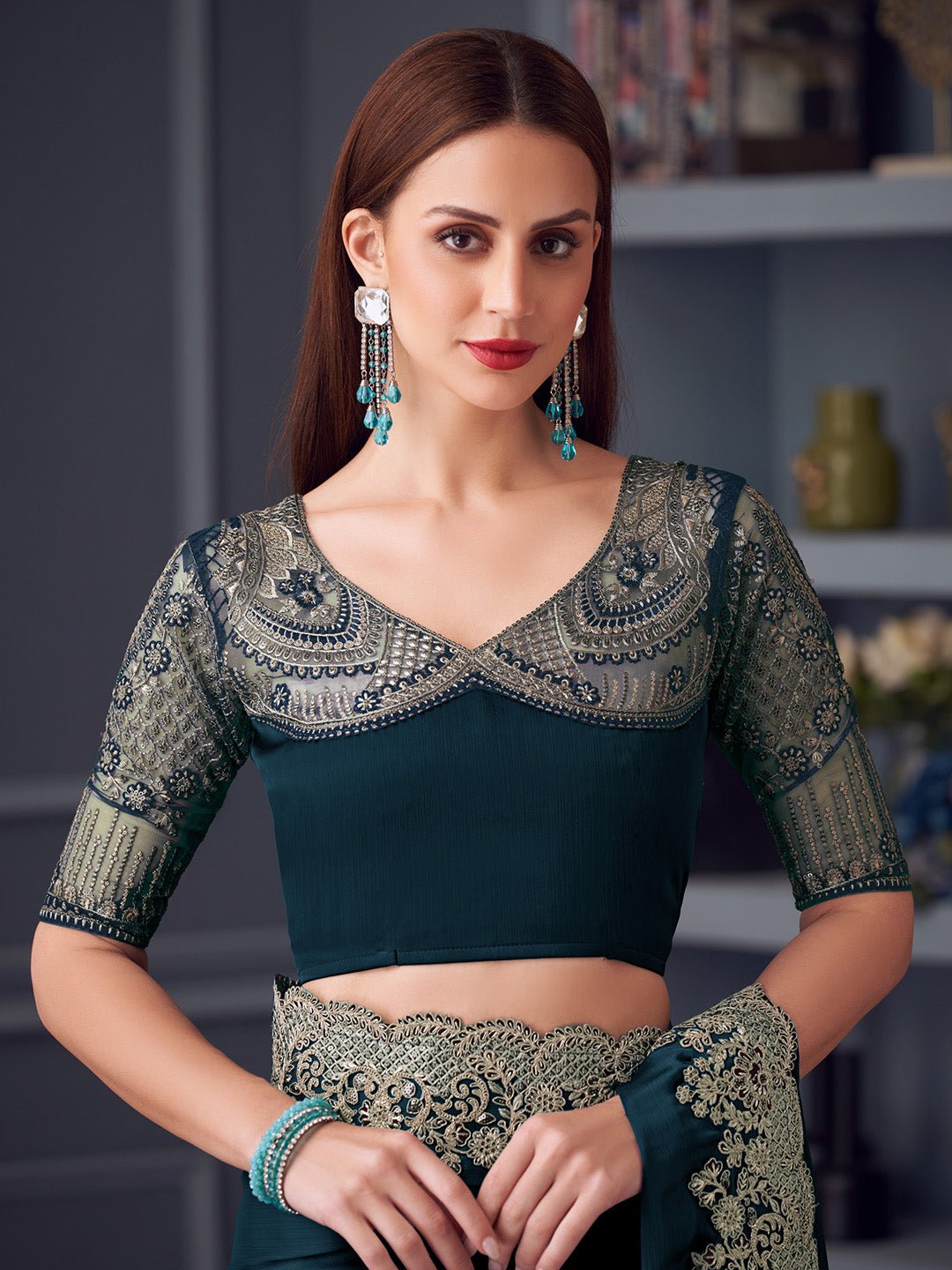 Teal Blue Polyester Embroidered Border Saree - Ressa