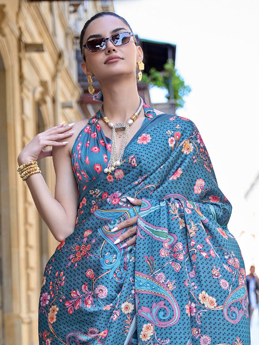 Teal Blue Polyster Print Saree - Ressa