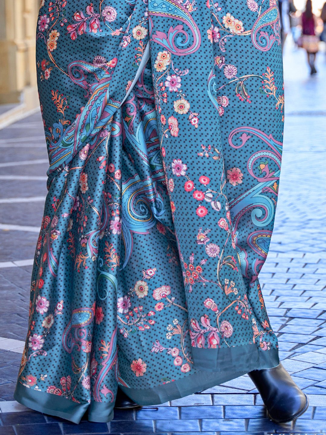 Teal Blue Polyster Print Saree - Ressa