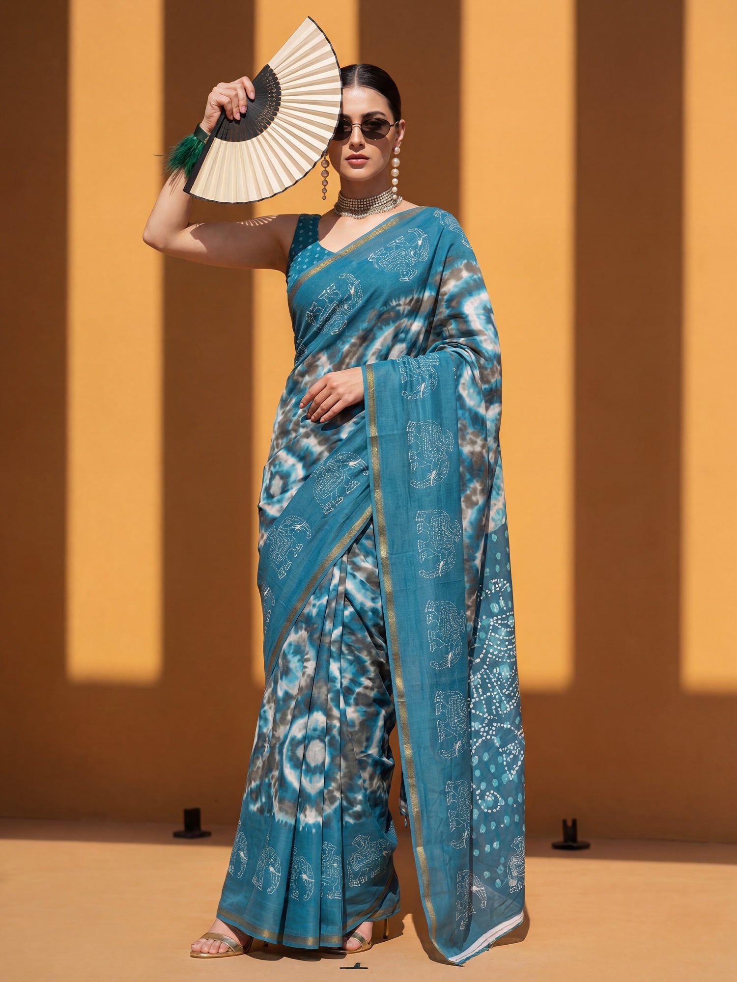 Teal Blue Printed Saree - Ressa