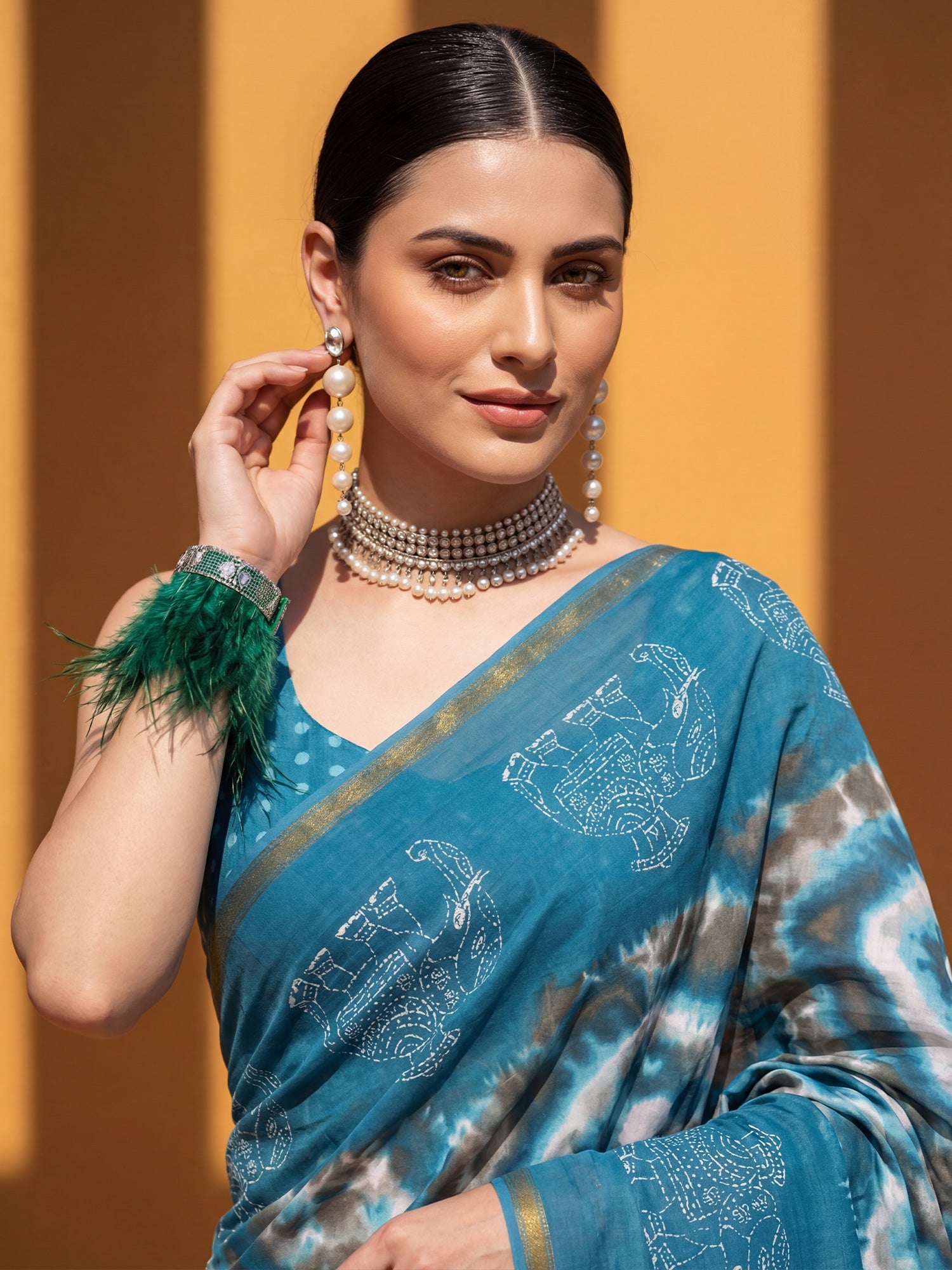 Teal Blue Printed Saree - Ressa
