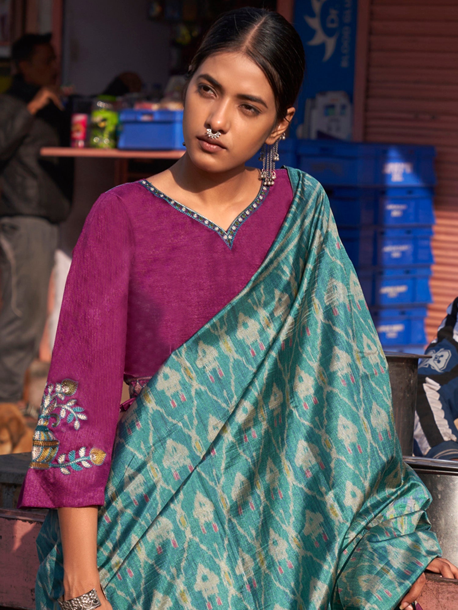 Teal Blue Purple Patola Silk Woven Motifs Contrast Blouse Saree - Ressa