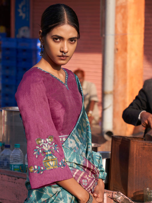 Teal Blue Purple Patola Silk Woven Motifs Contrast Blouse Saree - Ressa