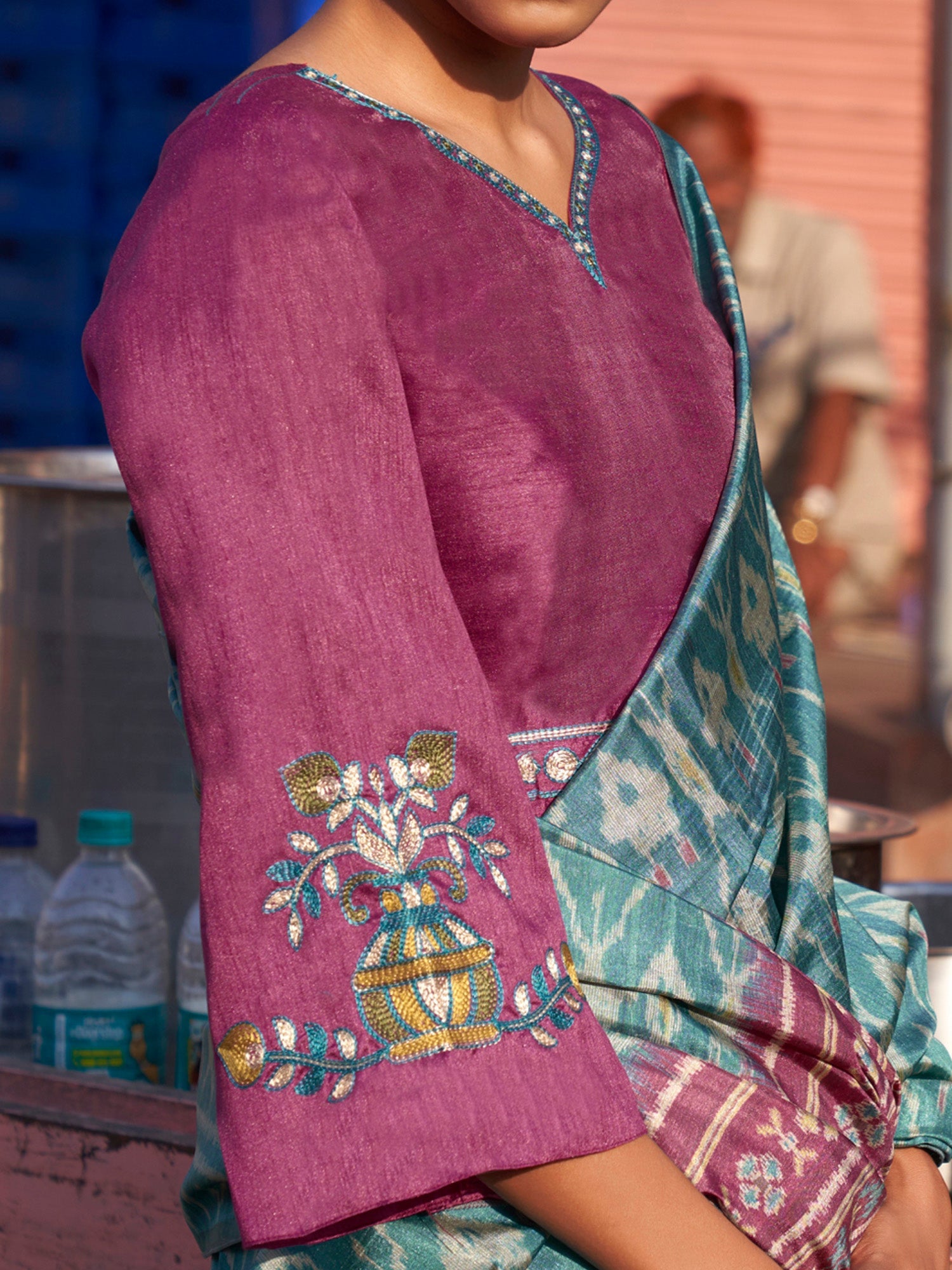 Teal Blue Purple Patola Silk Woven Motifs Contrast Blouse Saree - Ressa