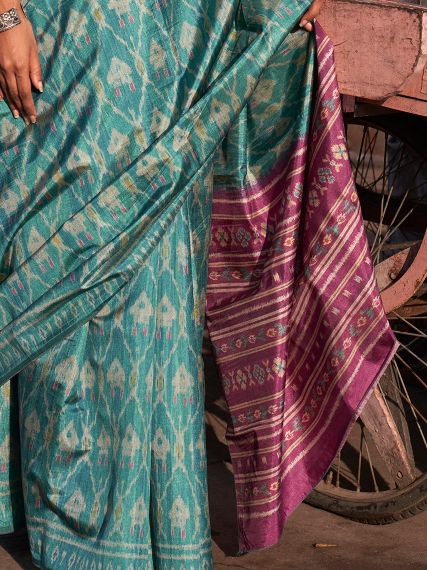 Teal Blue Purple Patola Silk Woven Motifs Contrast Blouse Saree - Ressa