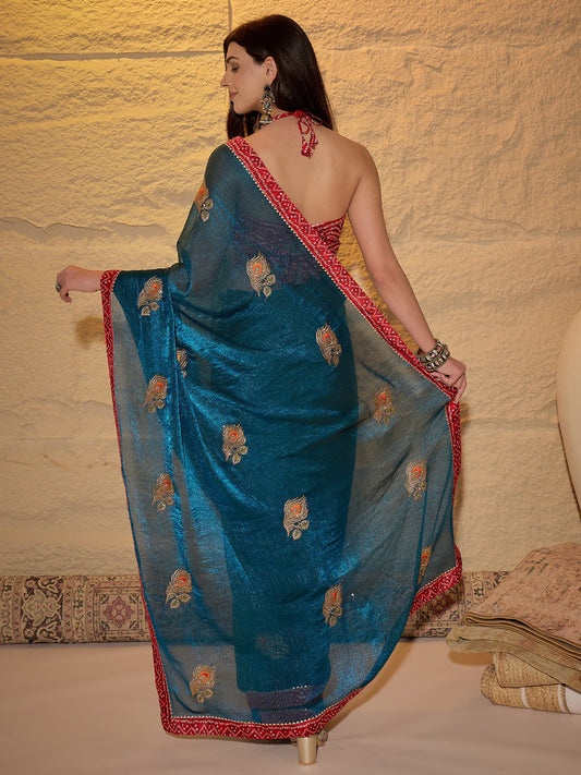 Teal Blue & Red Chiffon Saree - Ressa