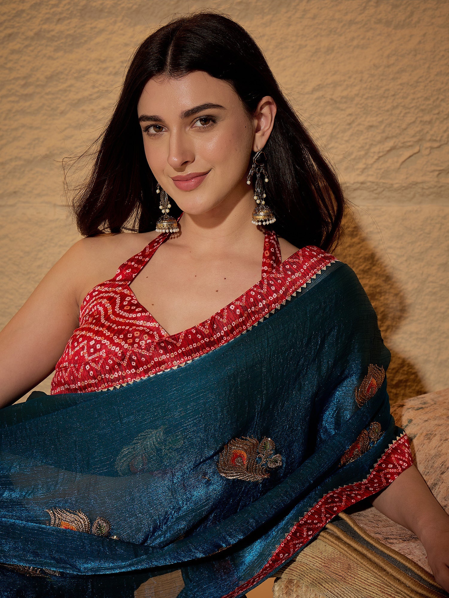 Teal Blue & Red Chiffon Saree - Ressa