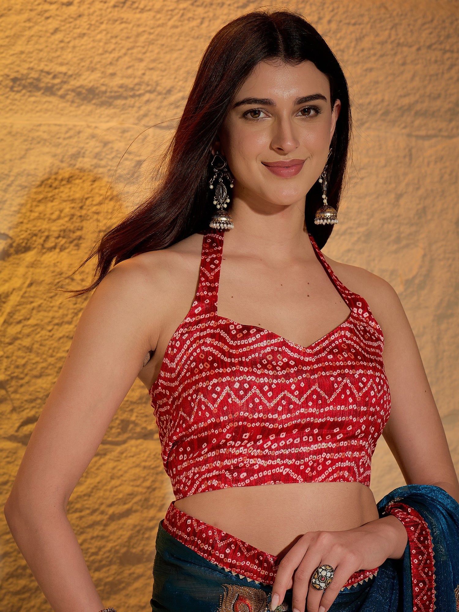 Teal Blue & Red Chiffon Saree - Ressa