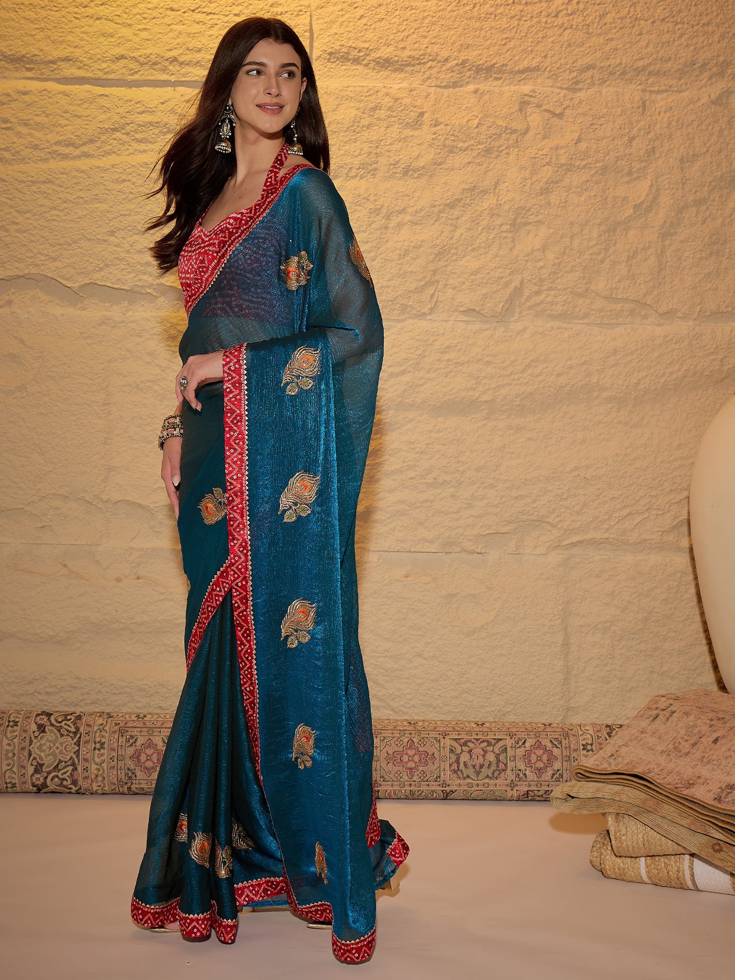Teal Blue & Red Chiffon Saree - Ressa