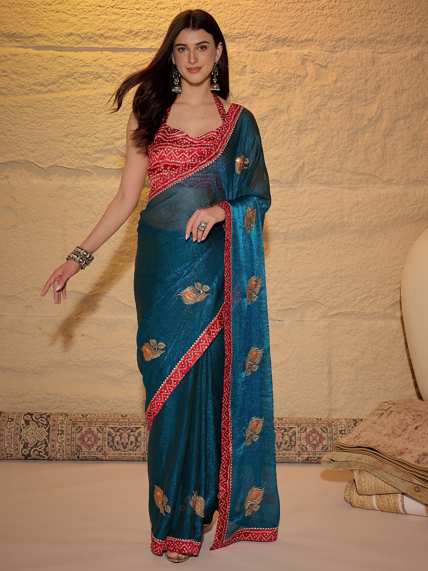Teal Blue & Red Chiffon Saree - Ressa