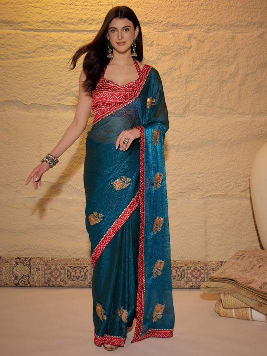 Teal Blue & Red Chiffon Saree - Ressa