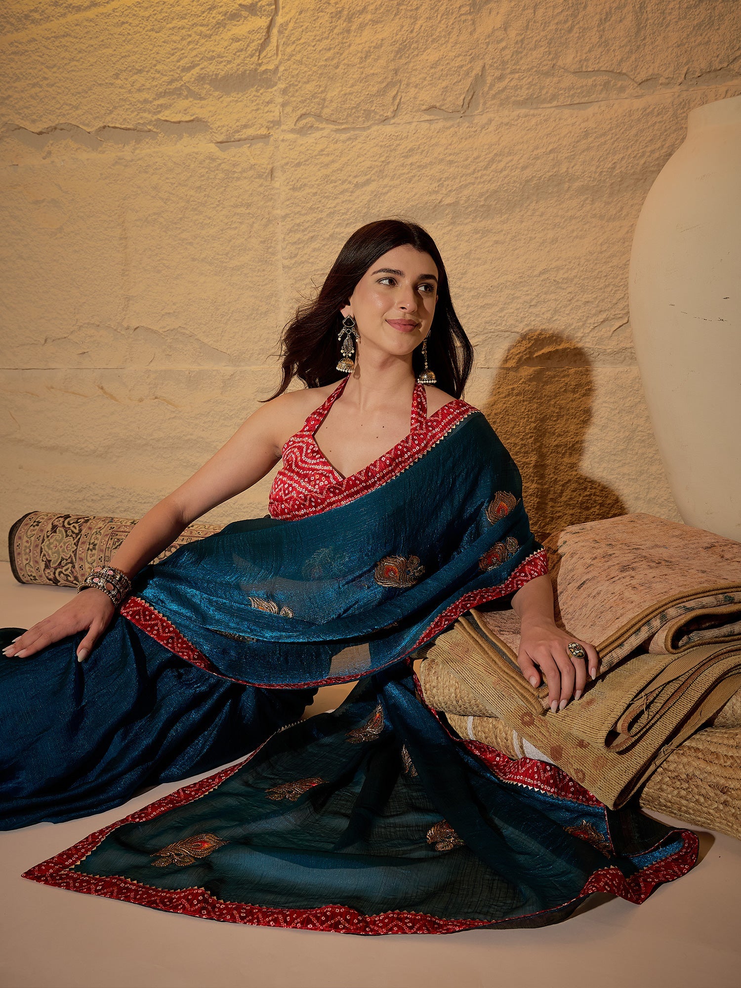Teal Blue & Red Chiffon Saree - Ressa