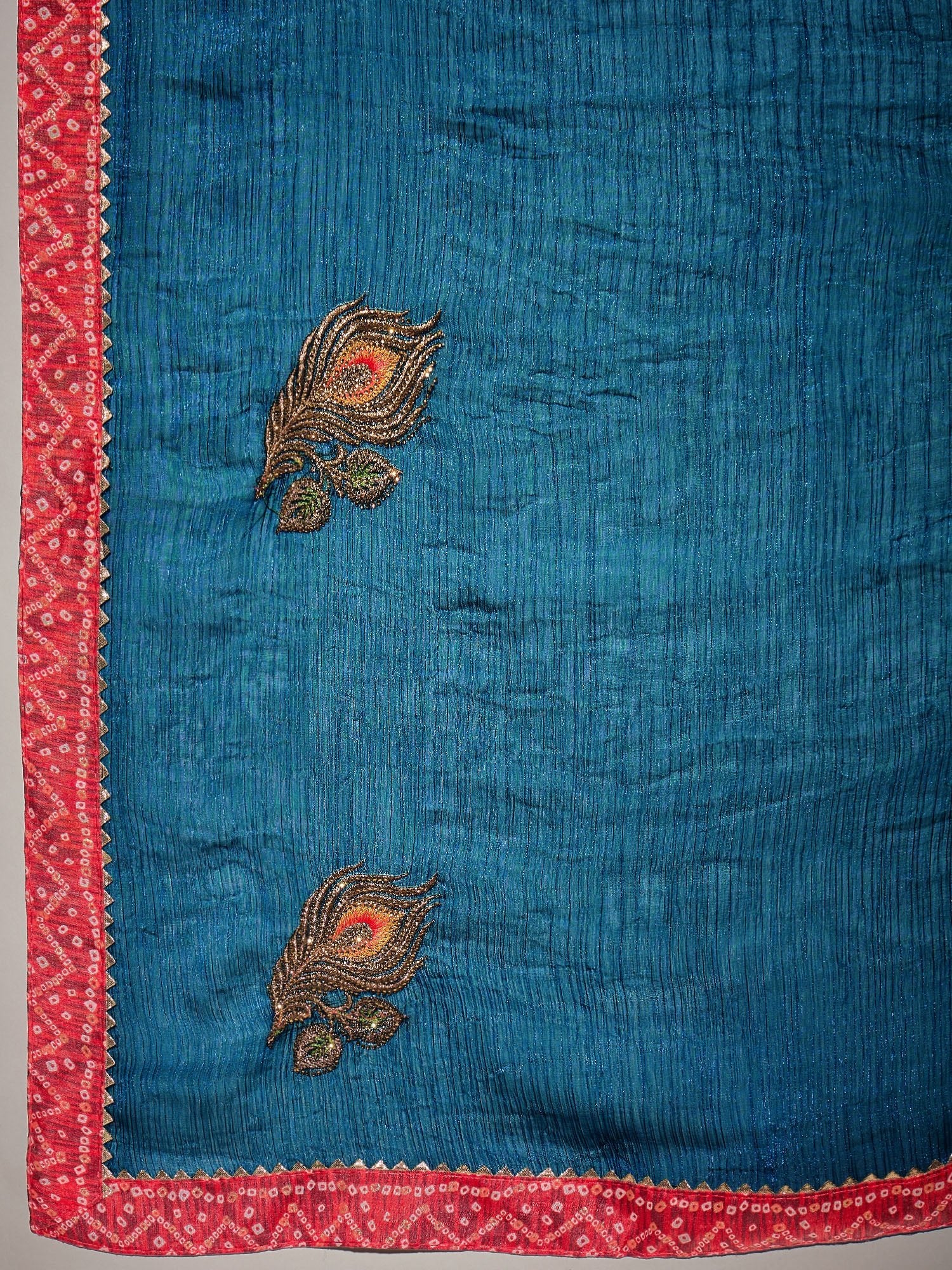 Teal Blue & Red Chiffon Saree - Ressa