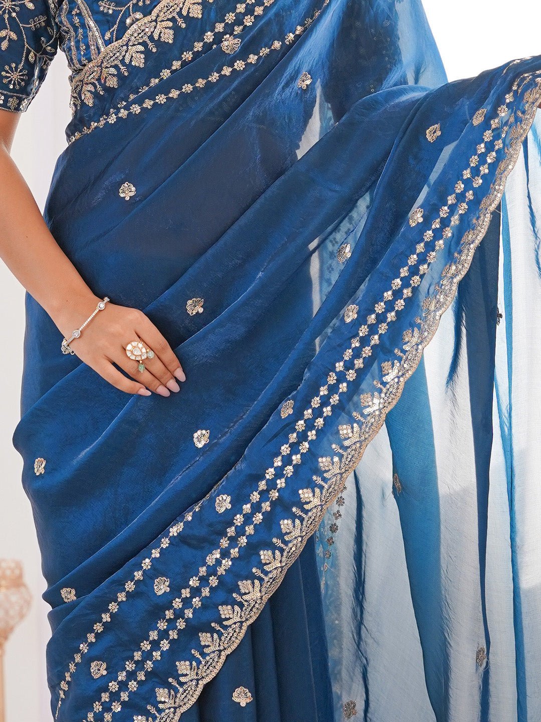 Teal Blue Satin Emblihsed Party Wear Saree - Ressa