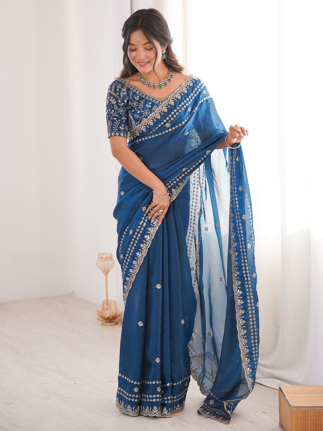Teal Blue Satin Emblihsed Party Wear Saree - Ressa