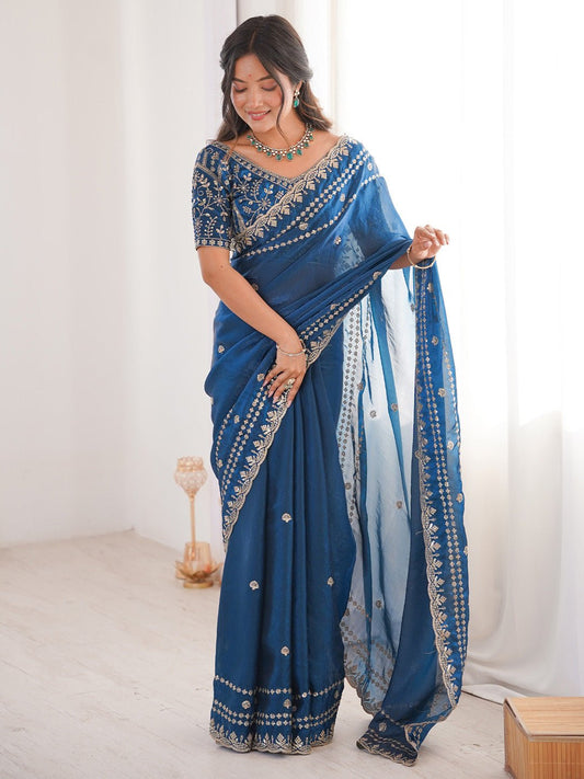 Teal Blue Satin Emblihsed Party Wear Saree - Ressa