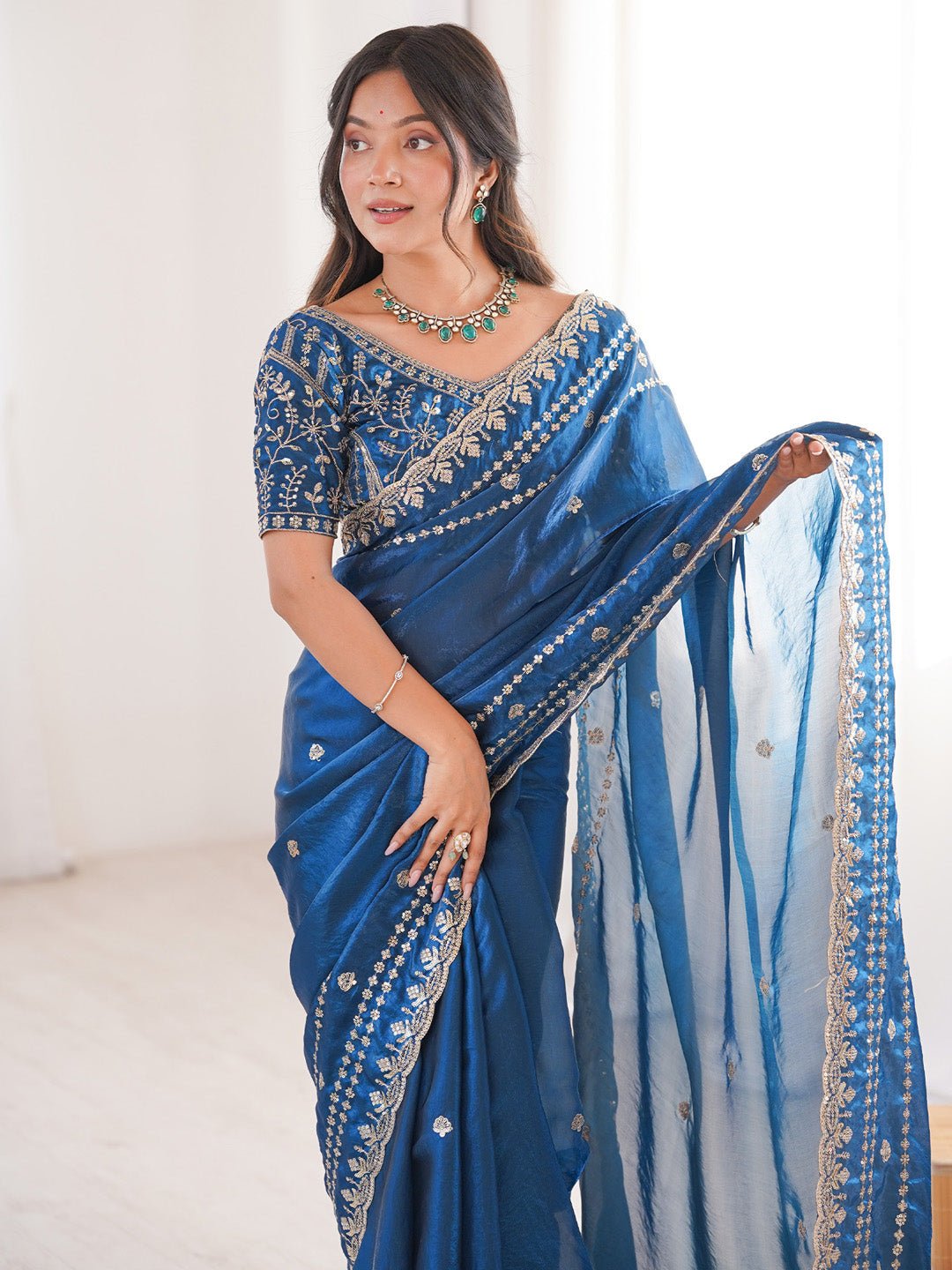 Teal Blue Satin Emblihsed Party Wear Saree - Ressa