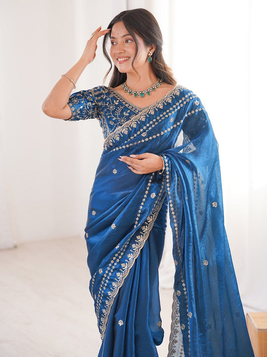 Teal Blue Satin Emblihsed Party Wear Saree - Ressa