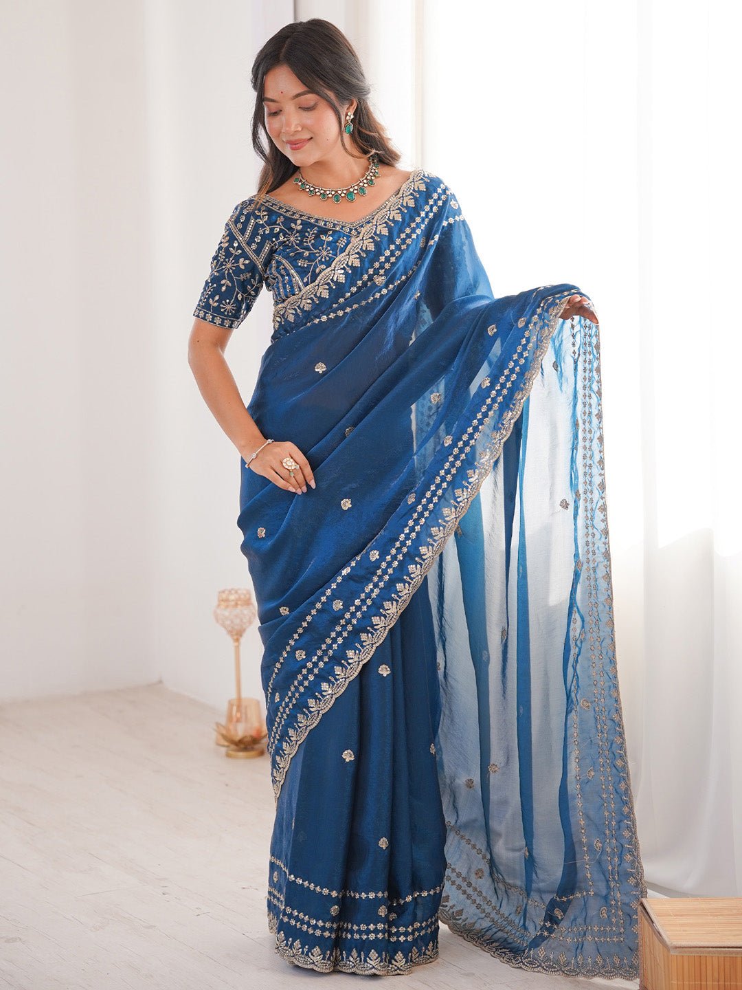 Teal Blue Satin Emblihsed Party Wear Saree - Ressa