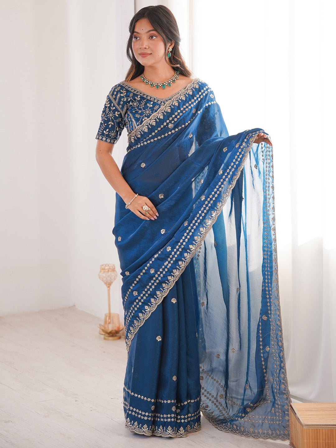 Teal Blue Satin Emblihsed Party Wear Saree - Ressa