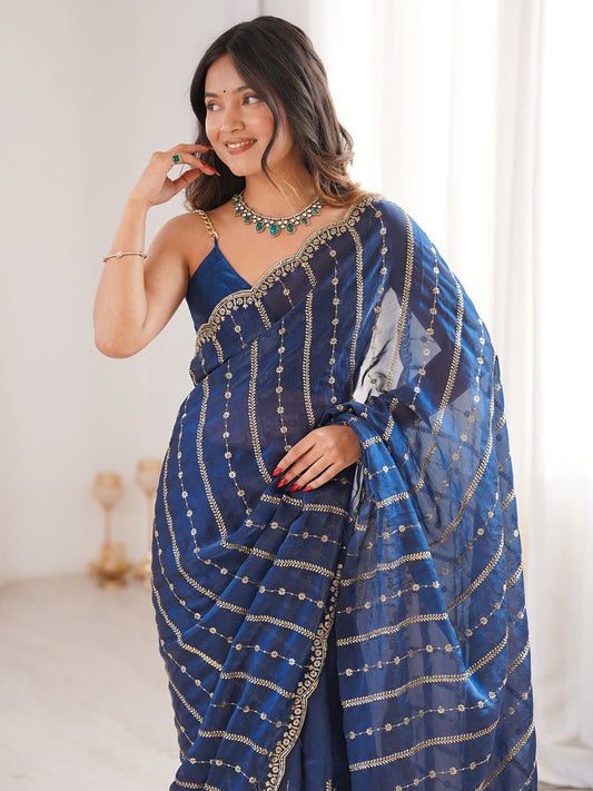 Teal Blue Satin Emblished Party Wear Saree - Ressa