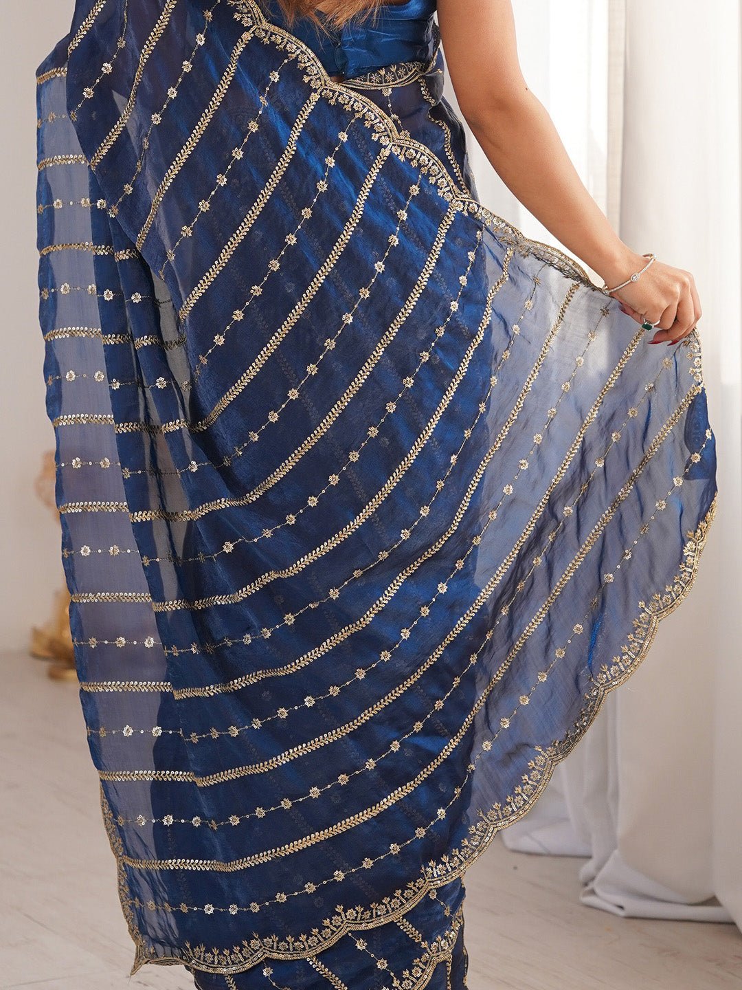 Teal Blue Satin Emblished Party Wear Saree - Ressa