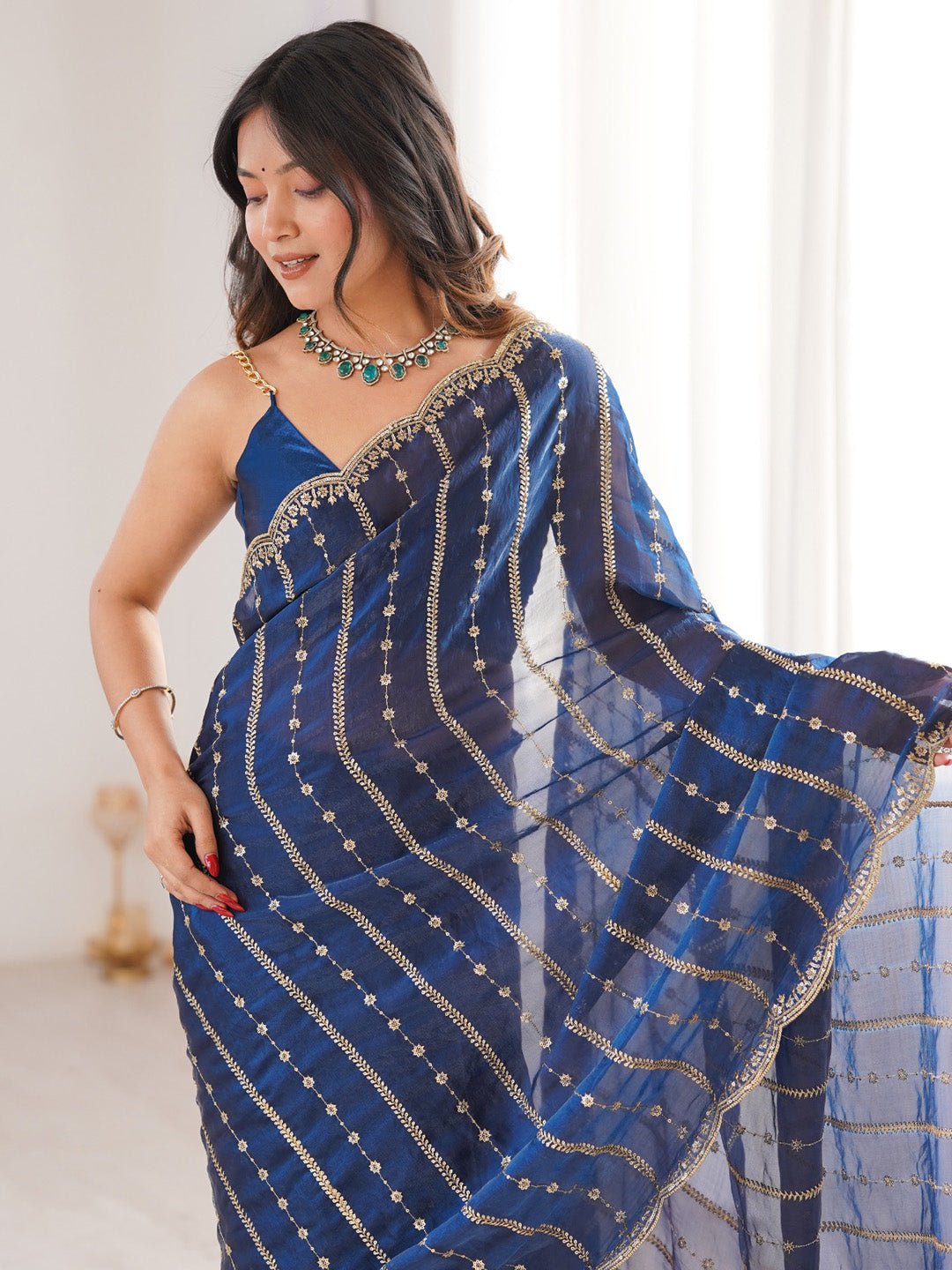 Teal Blue Satin Emblished Party Wear Saree - Ressa