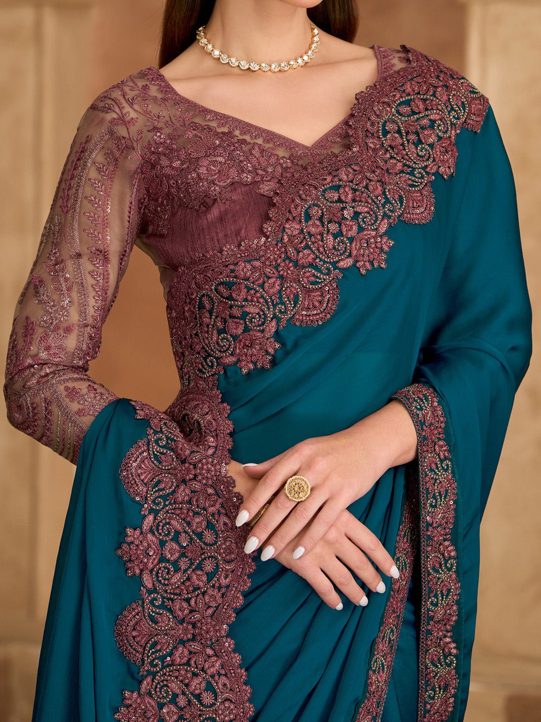 Teal Blue Satin Emblished Party Wear Saree - Ressa