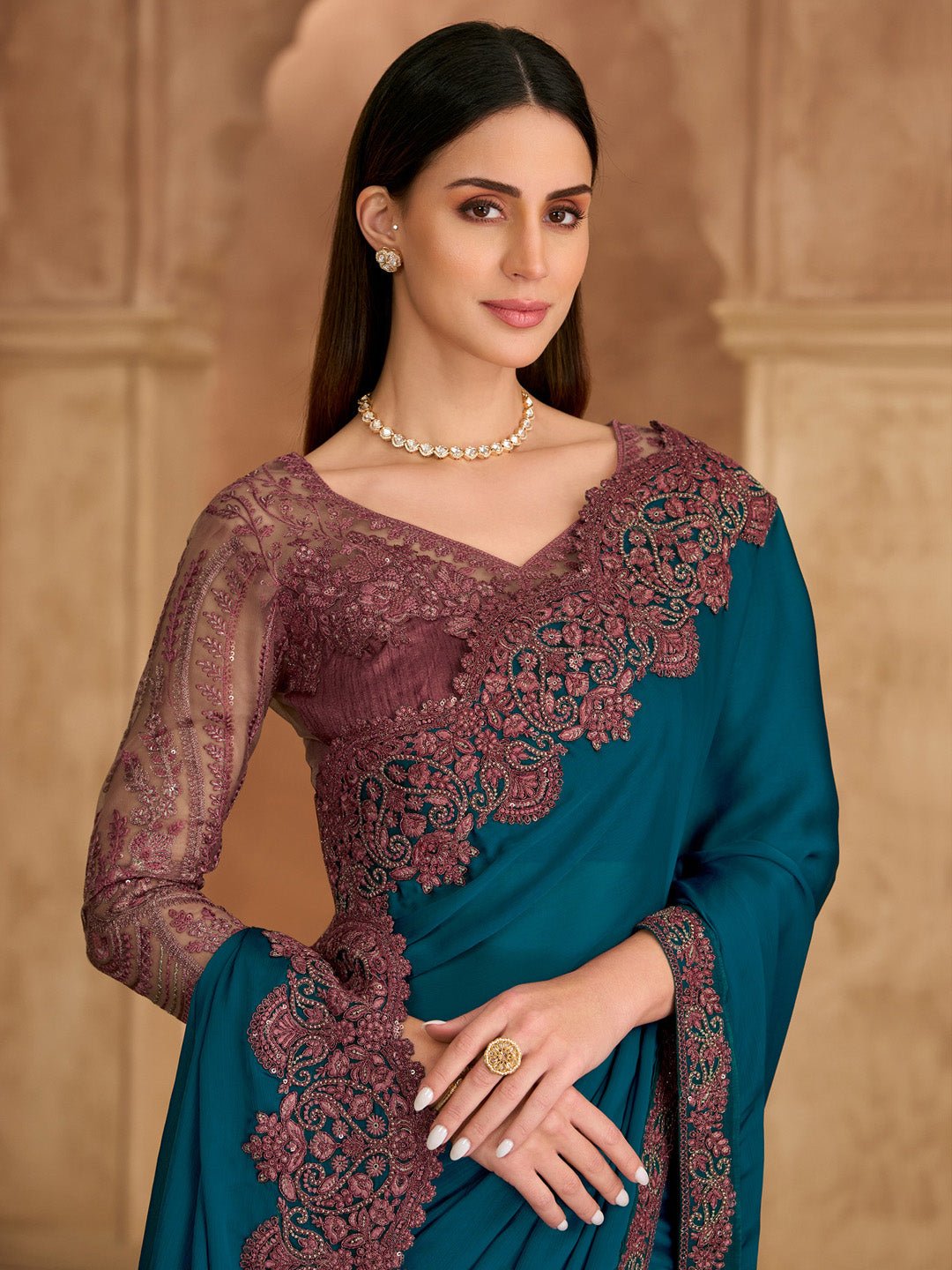 Teal Blue Satin Emblished Party Wear Saree - Ressa