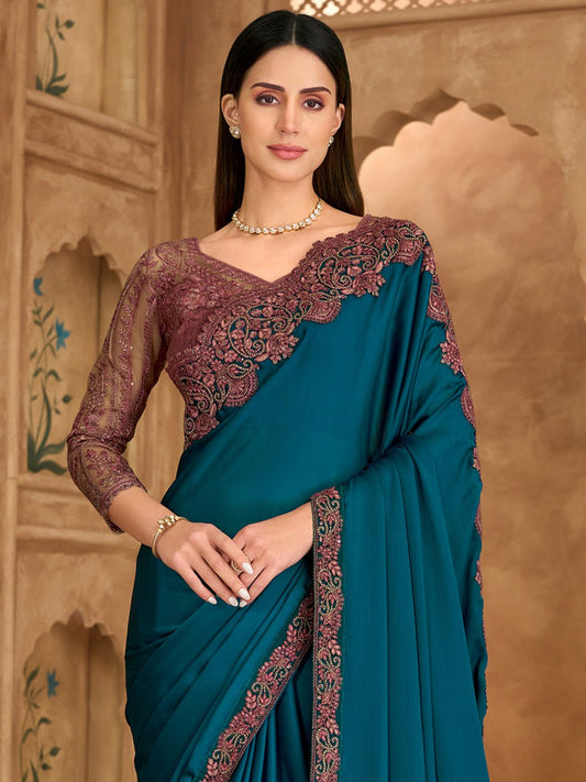 Teal Blue Satin Emblished Party Wear Saree - Ressa