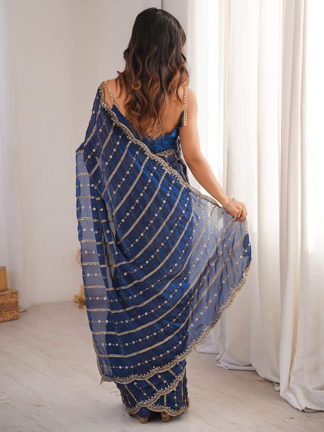Teal Blue Satin Emblished Party Wear Saree - Ressa