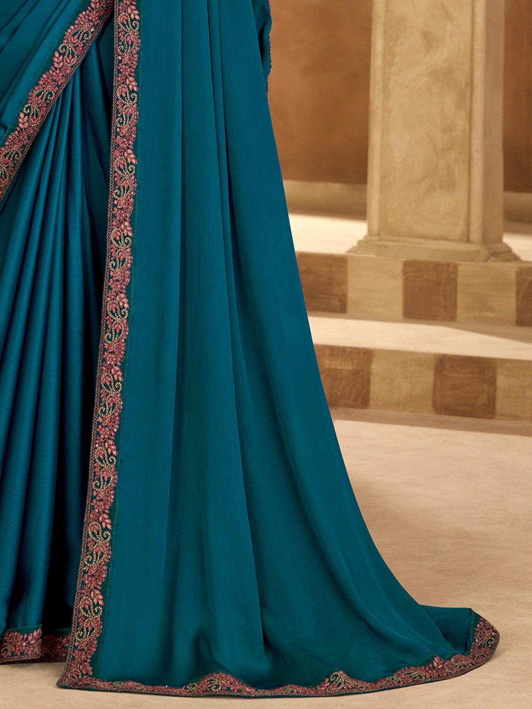 Teal Blue Satin Emblished Party Wear Saree - Ressa