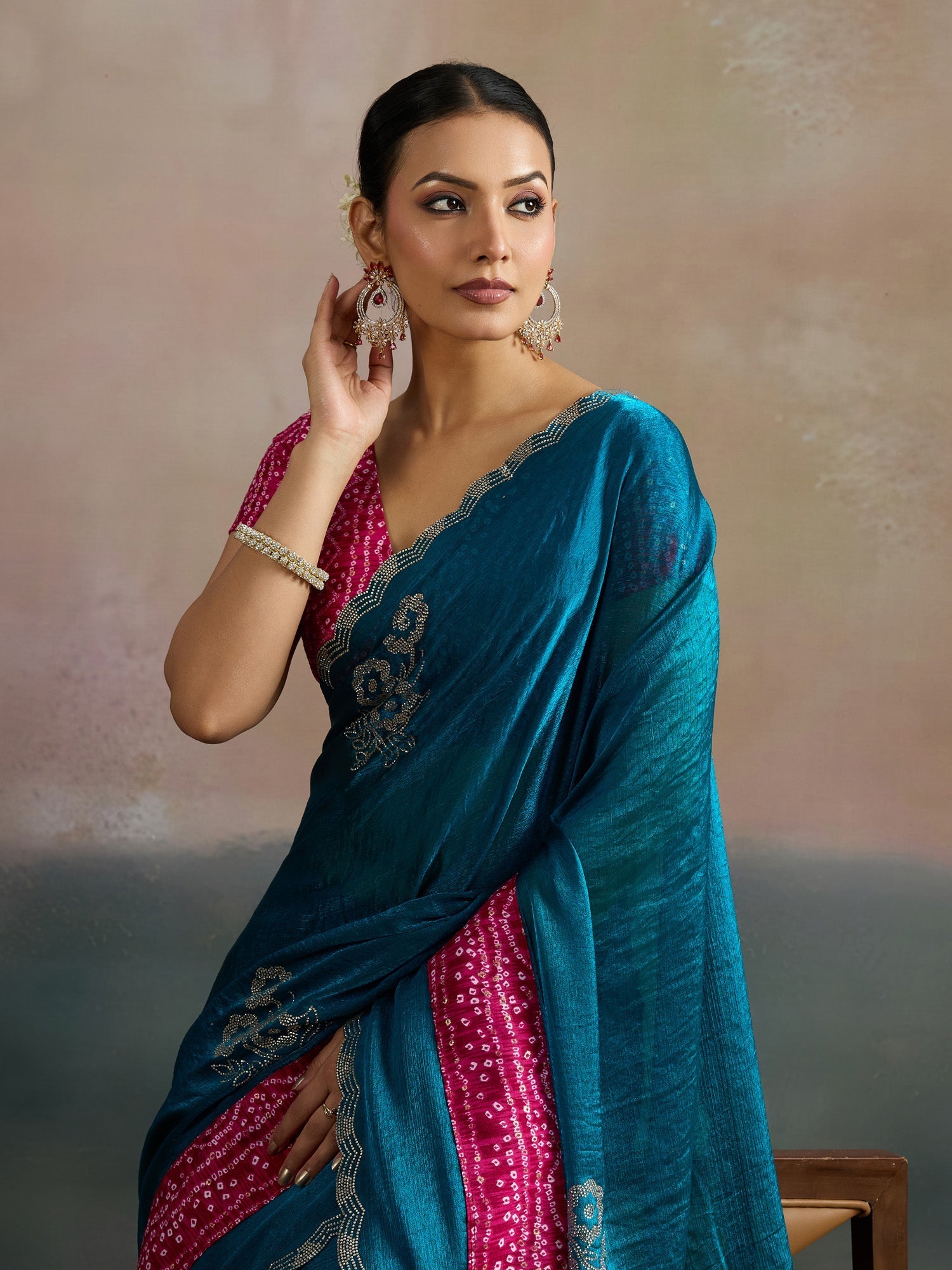 Teal Blue Satin Saree with Bandhani Border - Ressa