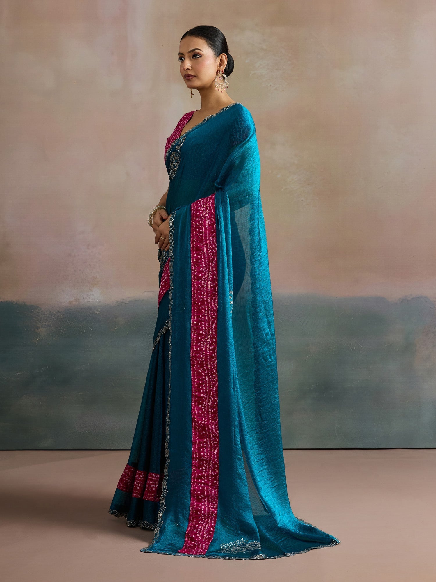 Teal Blue Satin Saree with Bandhani Border - Ressa