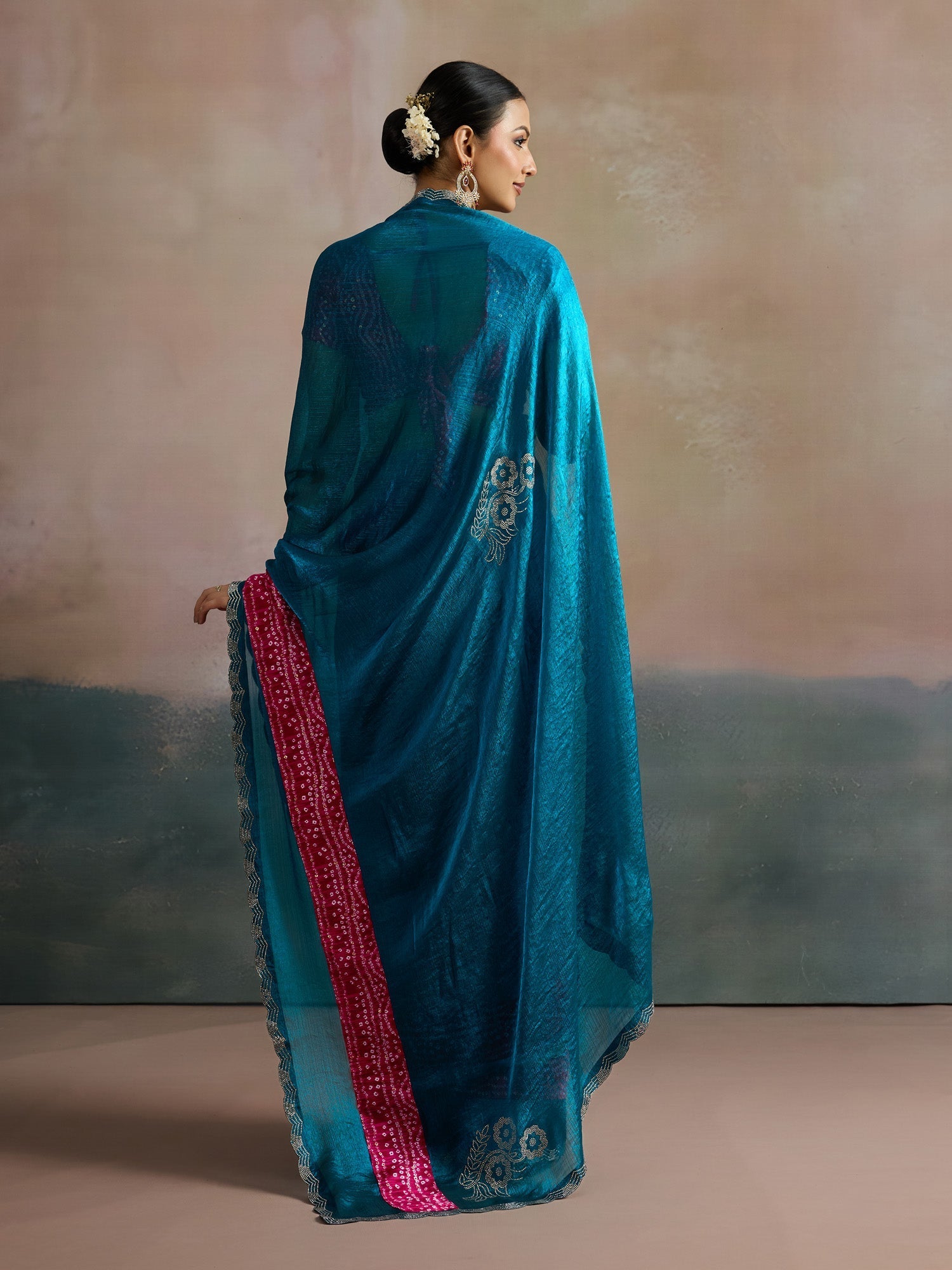 Teal Blue Satin Saree with Bandhani Border - Ressa