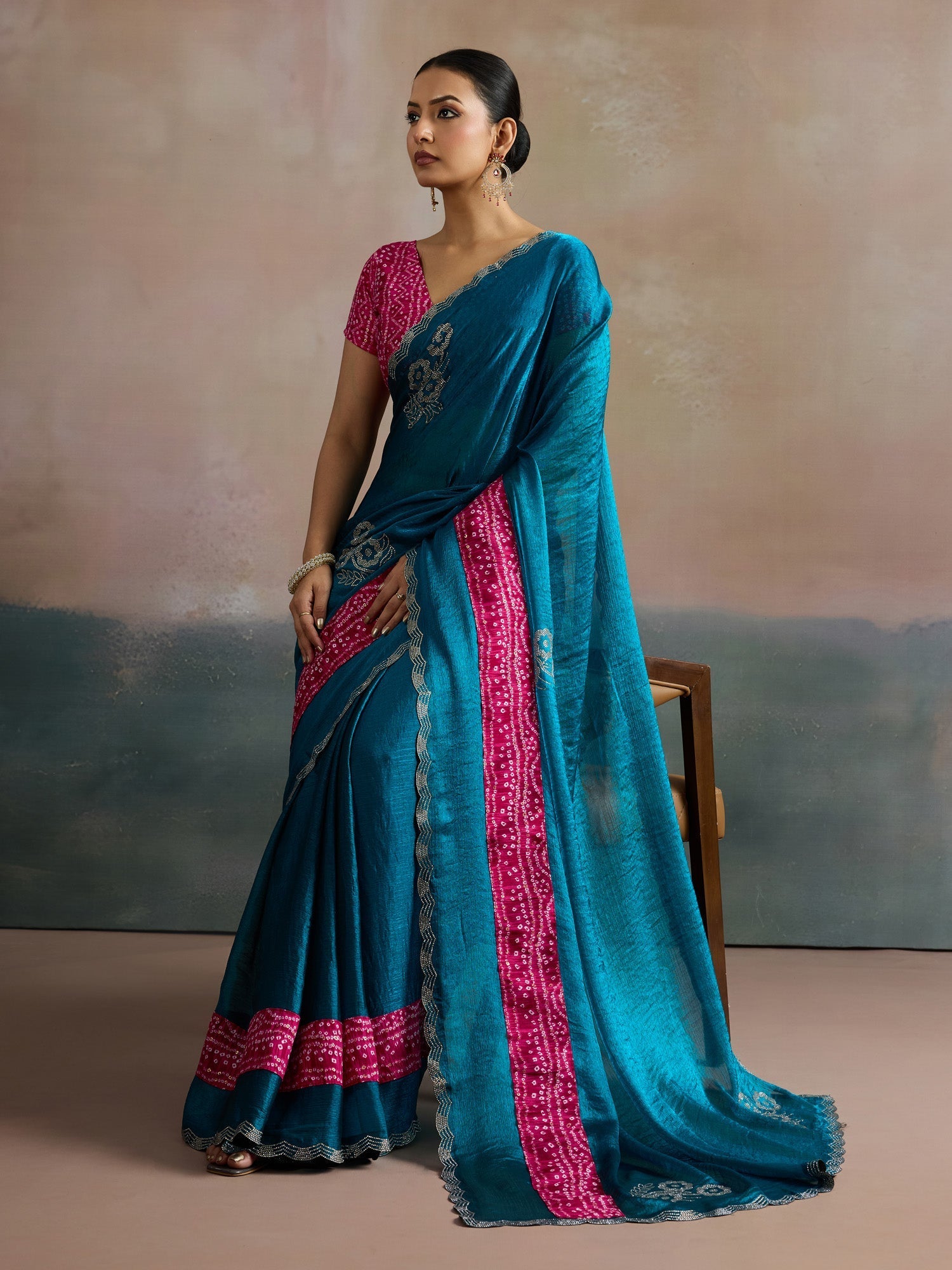 Teal Blue Satin Saree with Bandhani Border - Ressa
